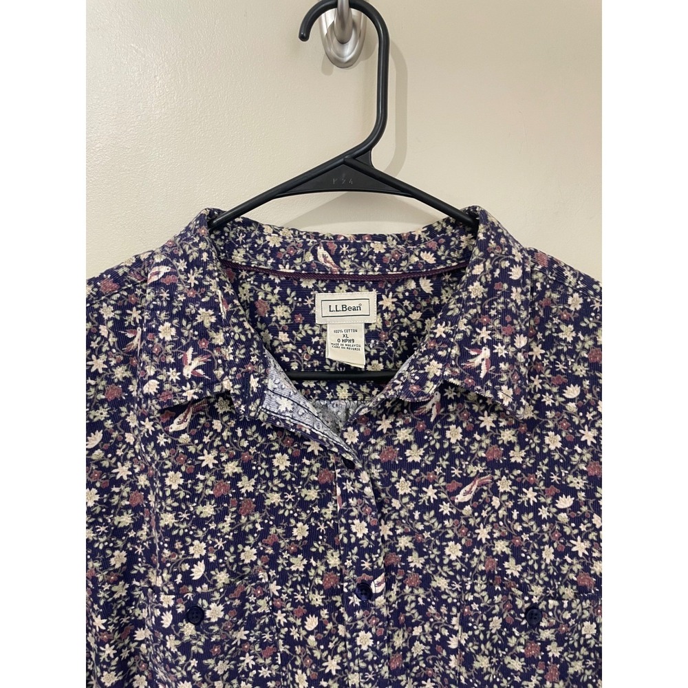 LL Bean Vtg Womens XL Corduroy Button Down Shirt Navy Floral Bird Print Print